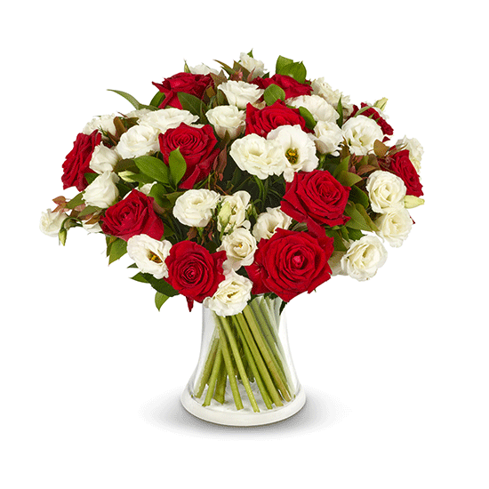 זר פרחים בצבע אדום לבן