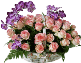 סידור פרחים בסלסלה מעוצב עם וורדים וסחלבים- שדה פרחים משלוחי פרחים